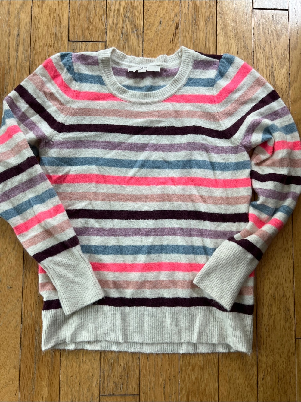 LOFT Multicolor Striped Crewneck Sweater - Cream, Pink, Blue, Purple, Burgundy